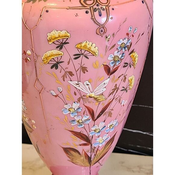 Lg Antique Harrach Bohemian Czech Pink Opaline Overlay Vase Flowers & Bees 14” - Picture 13 of 16